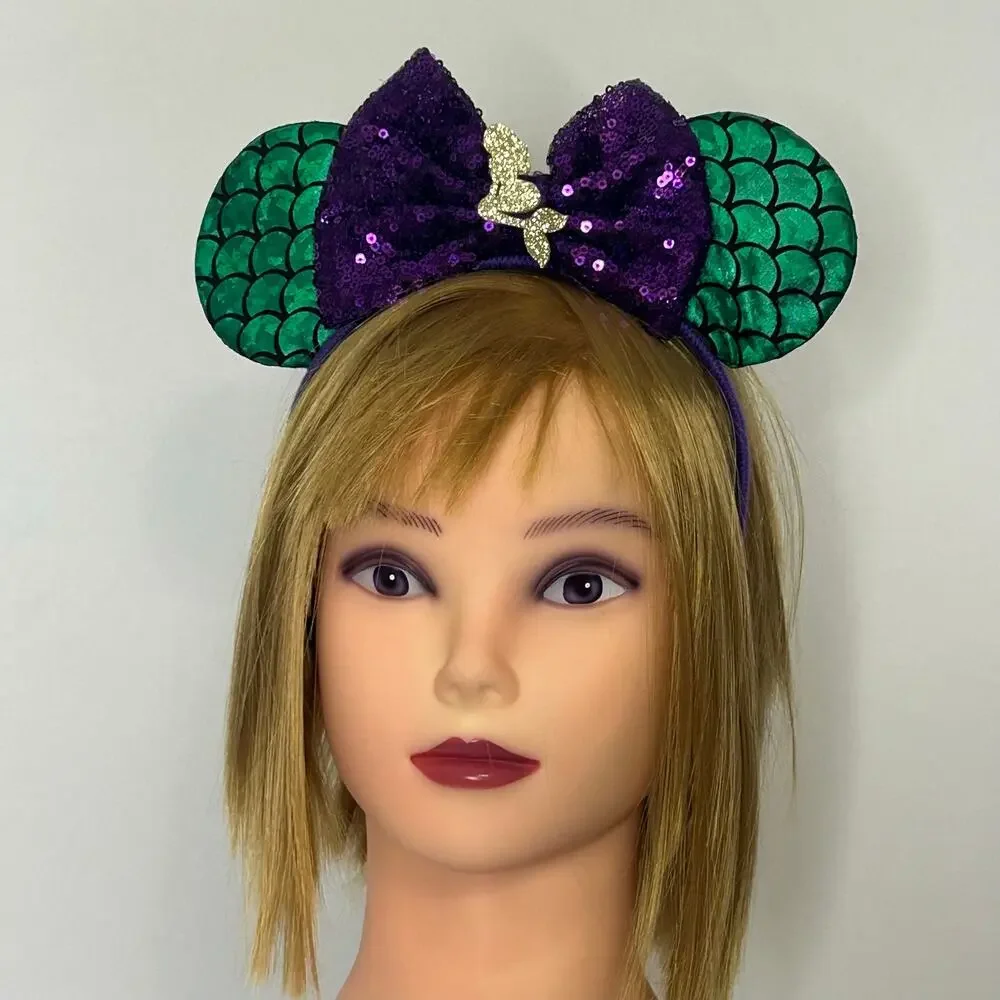 Handmade Halloween Mouse Ears Headband Purple Sequin Bow Spiderweb Ghost